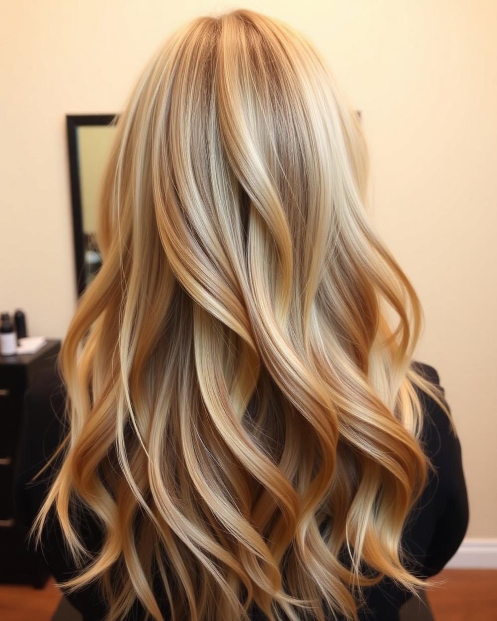 Balayage — długie blond włosy z falami