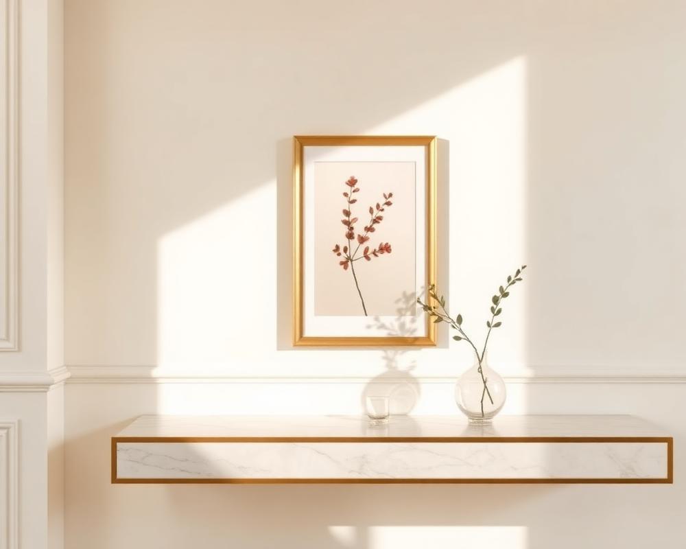 Detal wnętrza atelier — konsola i grafika