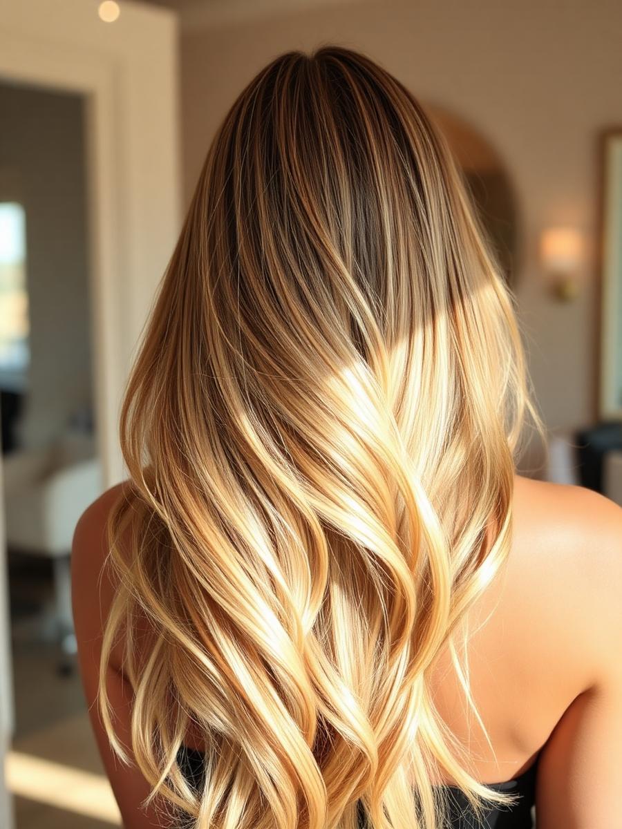 Balayage — długie blond włosy z ciepłymi refleksami
