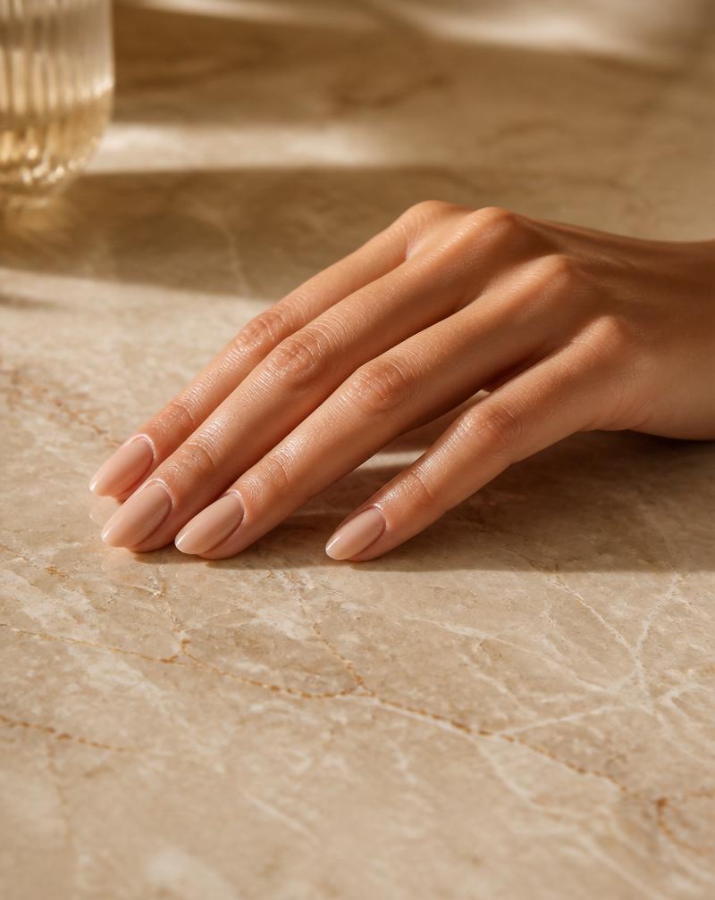 Elegancki nude manicure na marmurowej powierzchni